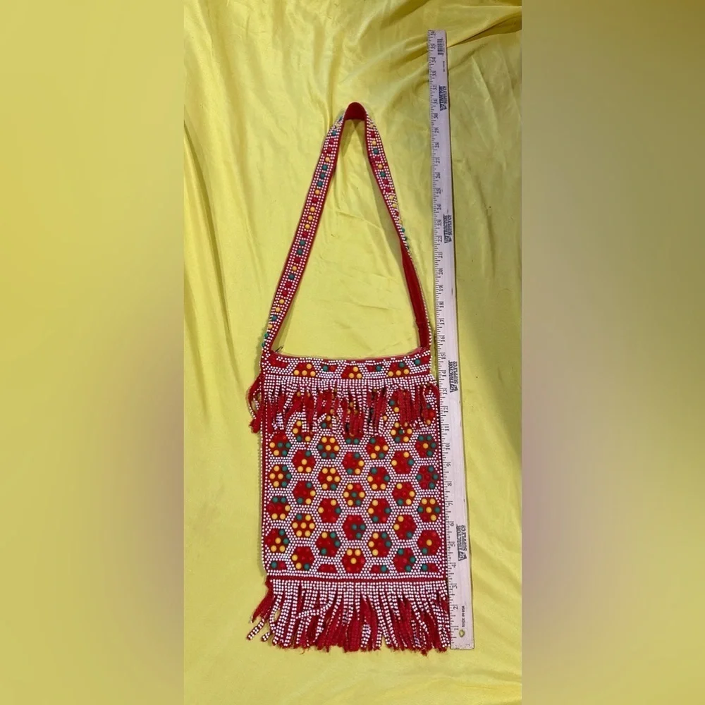 Vintage Beaded Fringe Shoulder Bag Crossbody Red Boho Ethnic Festival Purse HK